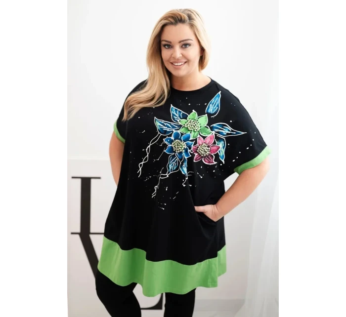 Dámske Plus veľkosť tunika s kvetinovým vzorom a dekoratívne korálky zelená