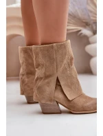 Zamszowe Botki Kowbojki Na Słupku Z Wywiniętą Cholewką Zazoo 3488 Beżowe