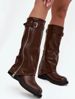 Kozaki Damskie Z Wywiniętą Cholewką Klamrą I Srebrnym Zamkiem Ocieplane Brązowe Bressa