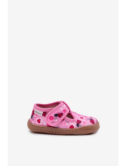 Dětské domácí pantofle Barefoot s červenými srdíčky na suchý zip Milami Růžové Talirae