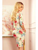 Dámske športové šaty s kapsičkami - béžový ľan a červené kvety 13-121 Dámske športové šaty s kapsičkami - béžový ľan a červené kvety 13-121