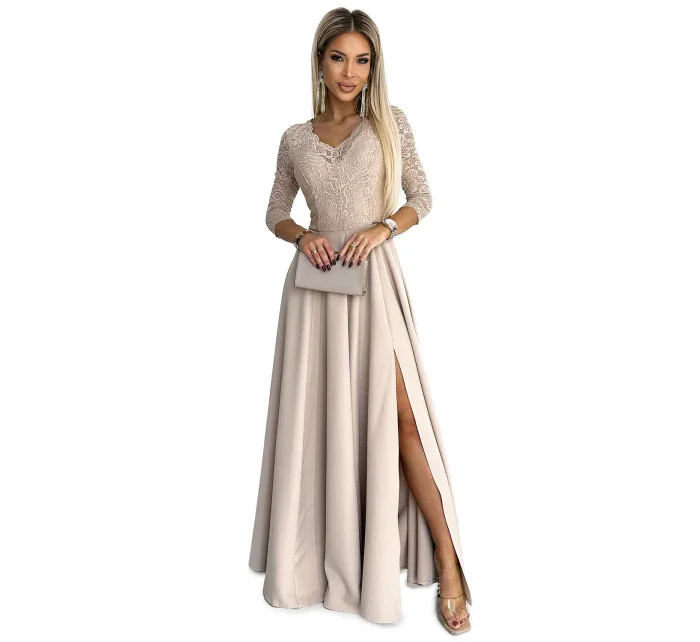 309-10 AMBER čipkované elegantné dlhé šaty s výstrihom a rozparkom na nohách - BEACH