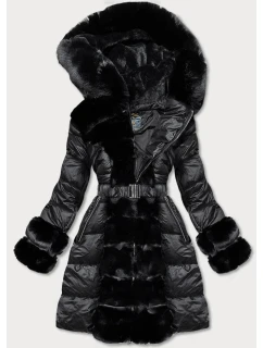 Čierna dámska zimná bunda s ozdobnou kožušinou (7729)