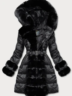 Dámska zimná bunda s ozdobnou kožušinou čierna (7729)
