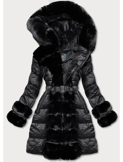Dámska zimná bunda s ozdobnou kožušinou čierna (7729)
