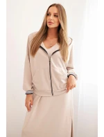Dámsky viskózový set s otvorenou mikinou a dlhou sukňou béžovej farby