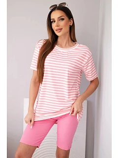 Dámsky viskózový pruhovaný set s krátkym rukávom a šortkami svetloružový