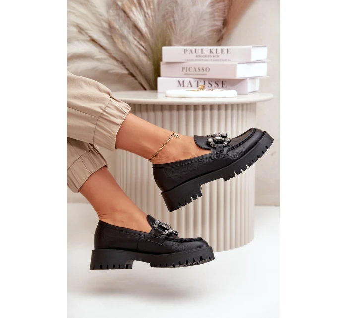 Damskie Skórzane Mokasyny Z Ozdobą CheBello 4369 Czarne