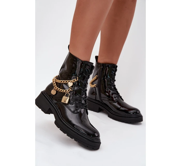 Lakované Botky Worker Se Zlatým Zateplené Černé model 21706803 - Boto