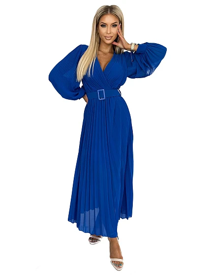 KLARA Dámské plisované šaty v chrpové barvě s výstřihem a opaskem model 18399723 - numoco basic