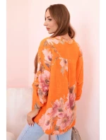 Dámská blůza z bavlny s květinovým vzorem a knoflíky - oranžová