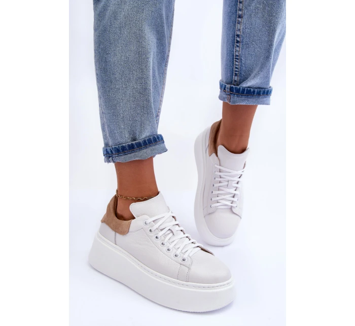 Damskie Buty Sportowe Skórzane na Platformie Białe Lemar 10150