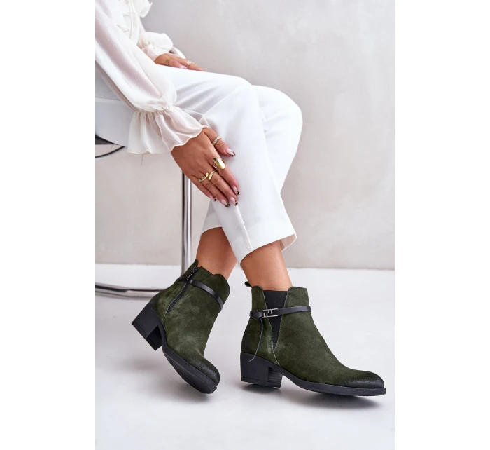 Zazoo 60478 Zamszowe Botki Na Obcasie Ocieplane Zapinane Na Zamek Ciemnozielone