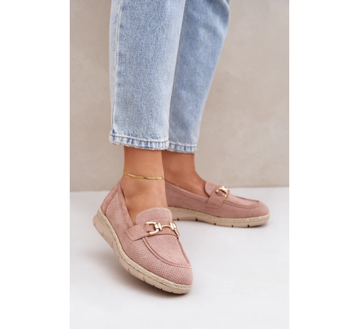 Ażurowe Mokasyny Ze Złotym Detalem I Jutową Plecionką Różowe Lainer