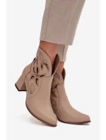 Skórzane Ażurowe Botki Damskie Na Słupku Zazoo 3647 Jasnobeżowe