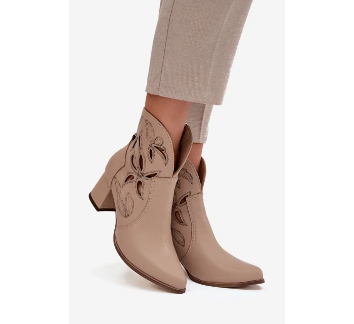 Skórzane Ażurowe Botki Damskie Na Słupku Zazoo 3647 Jasnobeżowe