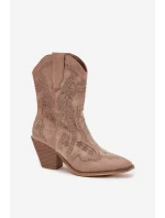 Botki Kowbojki Damskie Ze Zdobieniem Beżowe Arlissima