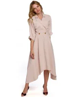 K086 Šaty v dĺžke midi s ozdobnými gombíkmi - béžové