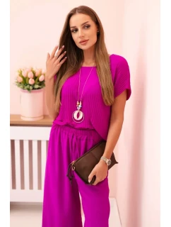 Viskózový komplet plisovaná halenka + kalhoty tmavě fialová