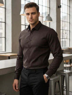 Pánská elegantní hladká tmavě hnědá košile SLIM FIT Dstreet DX2682