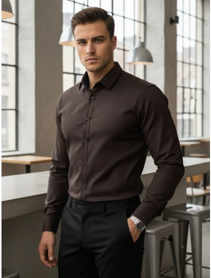 Pánská elegantní hladká tmavě hnědá košile SLIM FIT Dstreet model 21995794 - FashionStreet