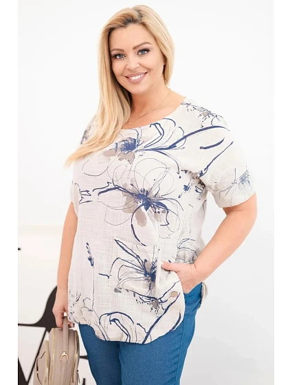 Dámská bavlněná halenka Plus Size s krátkým rukávem a kapsou béžová