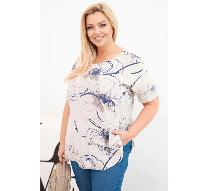 Dámská bavlněná halenka Plus Size s krátkým rukávem a kapsou béžová