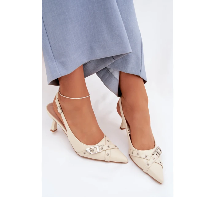 Dámské sandály na podpatku s pásky a sponou Béžové model 22027829 - Boto