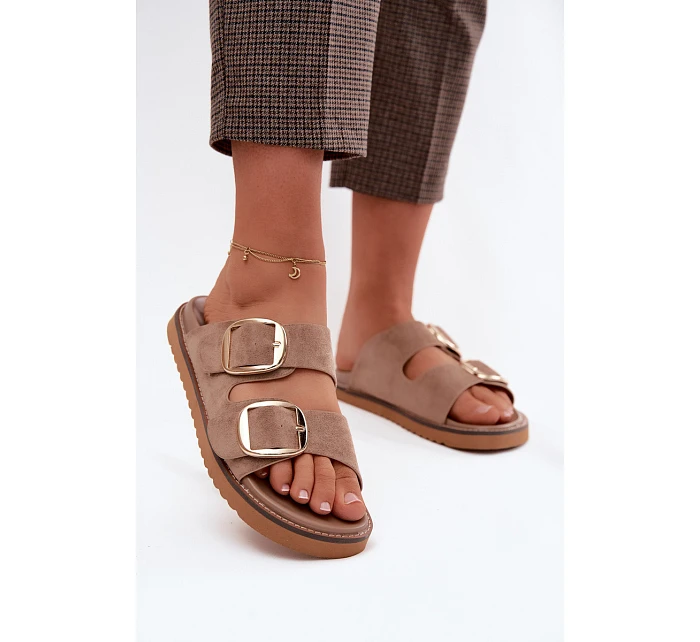 Dámské nazouváky z imitace semiše se zlatými přezkami Khaki model 22122701 - Boto