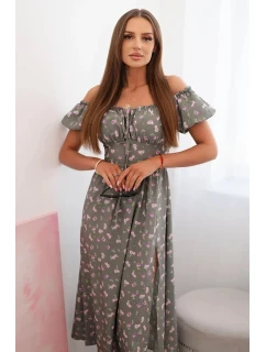 Dámské maxi šaty s květinami a model 21115413 khaki - K-Fashion