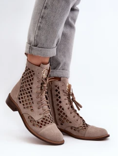 Zazoo 2695 Ażurowe Skórzane Botki Beżowe