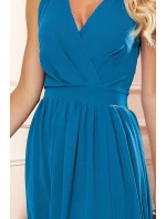 362-4 JUSTINE Dlhé šaty s výstrihom a viazaním - MODRÉ