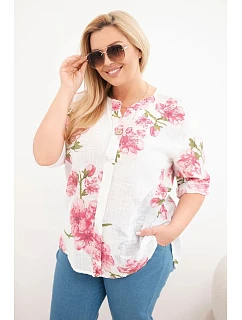 Dámske bavlnené Plus veľkosť V-neck blúzka s kvetinovým vzorom biela