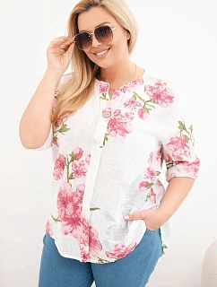 Dámske bavlnené Plus veľkosť V-neck blúzka s kvetinovým vzorom biela