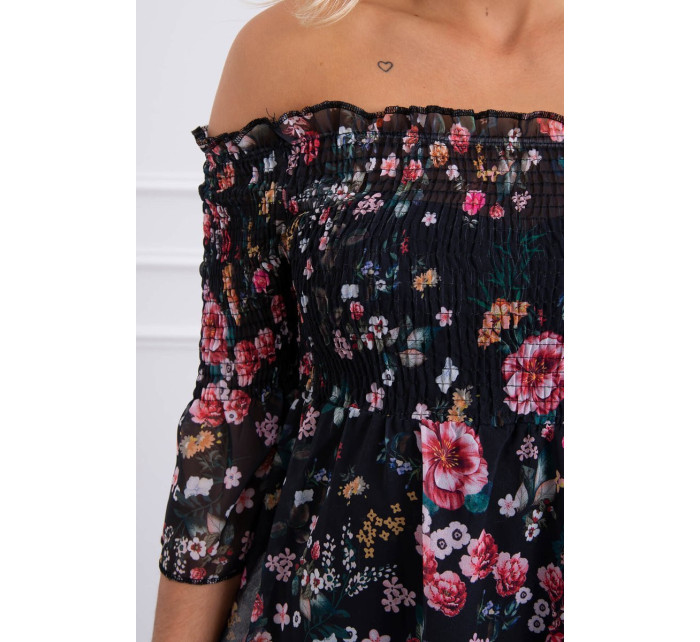 Šaty na rameno s kvetinovým vzorom čierne