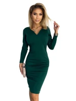 ANGELA - Klasické dámske šaty vo fľaškovo zelenej farbe s výstrihom a dlhými rukávmi 403-1