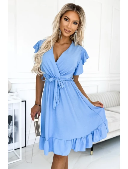 455-2 Šaty CORNELIA s volánom, výstrihom a viazaním - MODRÉ 455-2 Šaty CORNELIA s volánom, výstrihom a viazaním - MODRÉ