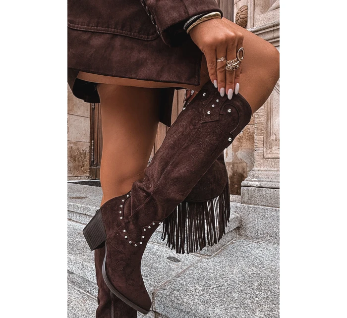 Damskie Kozaki Kowbojki Ze Zdobieniem Na Słupku Czekoladowe Darella Damskie Kozaki Kowbojki Ze Zdobieniem Na Słupku Czekoladowe Darella