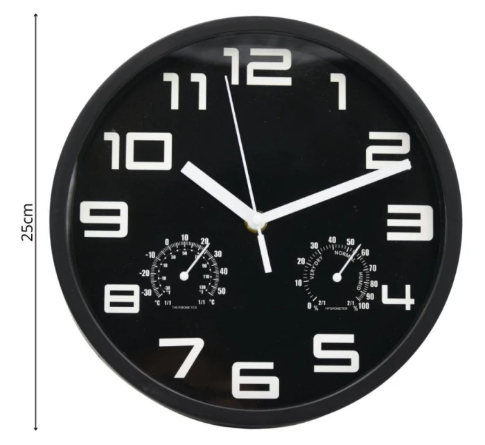 NÁSTENNÉ HODINY 25CM S TEPLOMEROM ČIERNE NÁSTENNÉ HODINY 25CM S TEPLOMEROM ČIERNE