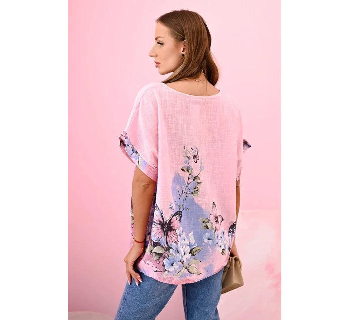 Dámská bavlněná košile s model 22020965 a květinami bonbónově růžová - K-Fashion