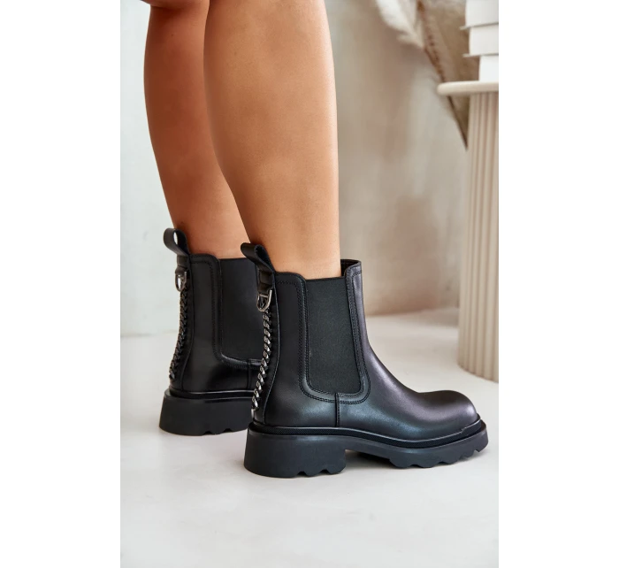 Skórzane Botki Sztyblety Z Ozdobnym Łańcuchem Ocieplane D&A JC42-86 Czarne