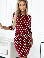 13-164 Športové šaty so šnurovaním a vreckami - bordové, s hráškom - poľská výroba