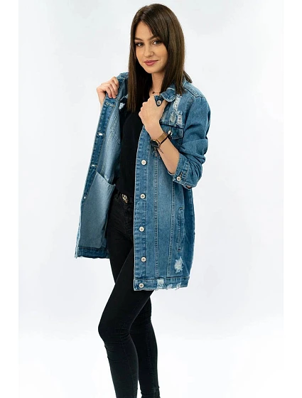 Dlouhá světle modrá dámská džínová oversize bunda model 16144665 - IZZY DENIM Dlouhá světle modrá dámská džínová oversize bunda model 16144665 - IZZY DENIM