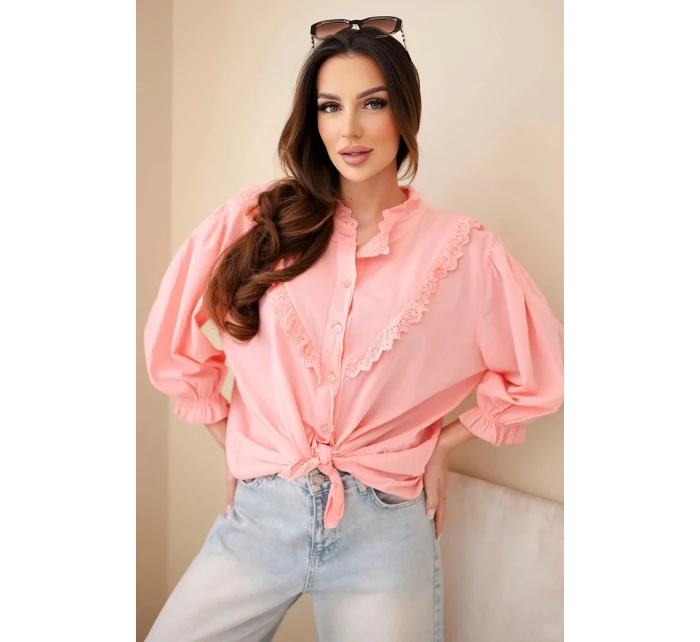 Dámská bavlněná košile s krajkou a vázáním meruňková
