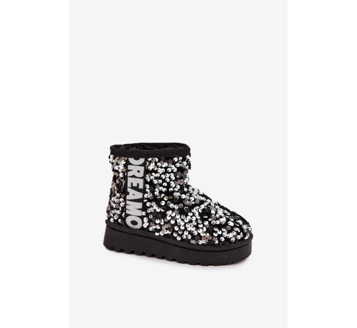 Dziecięce Śniegowce Botki Ocieplane Z Cekinami Czarno-Srebrne Rebbica