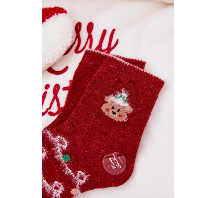 Dětské Vánoční Ponožky S Medvídkem Alpaka Vlna Červené