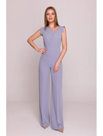 S407 Elegantný overal s asymetrickým výstrihom - holubičia sivá