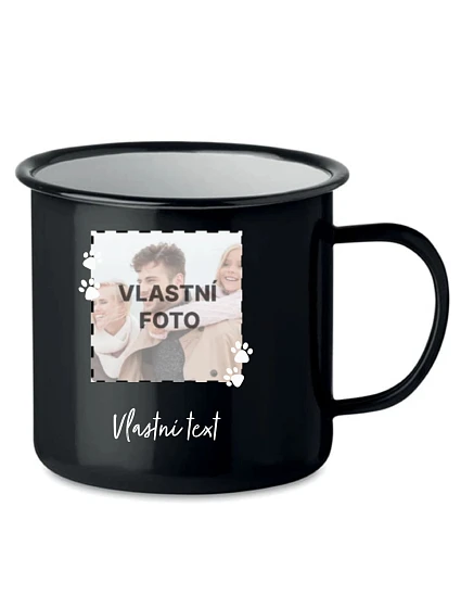 Personalizovaný retro plechový pohár s fotografiou domáceho maznáčika a textom