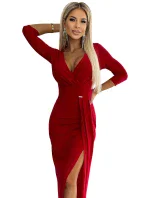 404-7 Dlhé trblietavé šaty s výstrihom a rozparkom na nohách - ČERVENÉ s trblietkami 404-7 Dlhé trblietavé šaty s výstrihom a rozparkom na nohách - ČERVENÉ s trblietkami