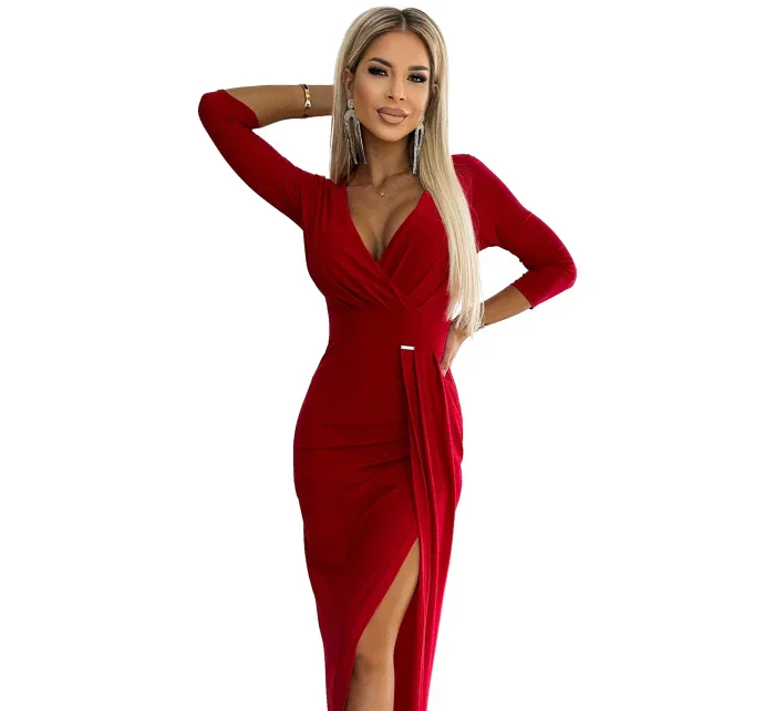 404-7 Dlhé trblietavé šaty s výstrihom a rozparkom na nohách - ČERVENÉ s trblietkami 404-7 Dlhé trblietavé šaty s výstrihom a rozparkom na nohách - ČERVENÉ s trblietkami